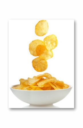 Potato chips falling in a bowl