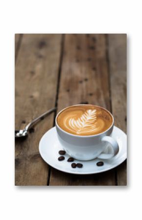 Cup of hot latte art coffee on wooden table