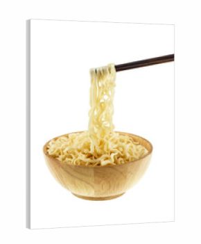 instant noodle in a bowl wooden with chopstick on white backgrou