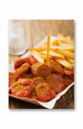 Traditional German currywurst, served with chips on disposable paper tray.