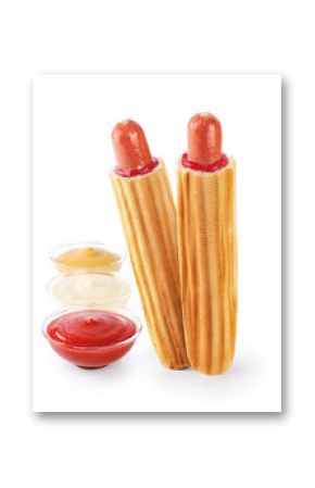 French hot dog and bowls with sauces isolated on white background. Fast food.