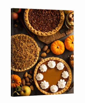 Fall traditional pies pumpkin, pecan and apple crumble