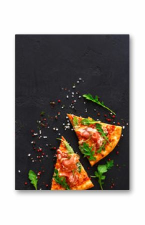 Pizza with prosciutto and rocket salad copy space