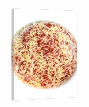 top view of frozen pizza in transparent plastic wrap on white background