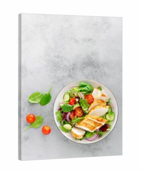 Grilled chicken breast, fillet and fresh vegetable salad of lettuce, arugula, spinach, cucumber and tomato. Healthy lunch menu. Diet food. Top view