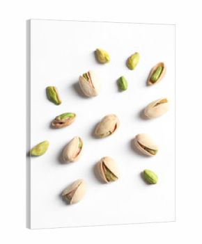 Composition with organic pistachio nuts on white background, top view