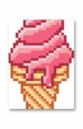 Stylized pixel art ice cream cone is being shown on transparent background, highlighting pink swirl