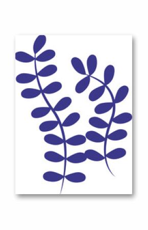 Two blue flat foliage branches are curling with oval leaves on transparent background