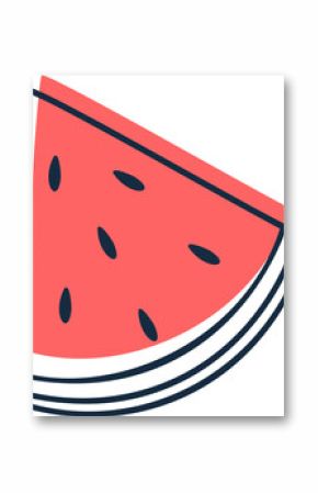 Stylized watermelon wedge is being shown in flat design with black seeds, transparent background