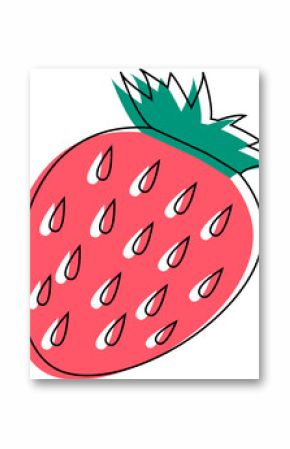 Flat cartoon strawberry is showing outline, teardrop seeds, green leaves on transparent background