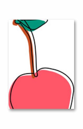 Stylized flat design cherry is being shown on transparent background, with curved stem and leaves