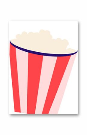 Flat design is depicting red white striped popcorn tub overflowing popcorn, transparent background