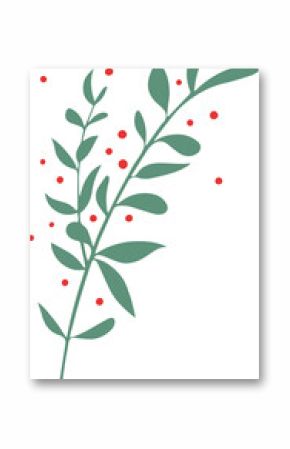 Curved green branch is displaying leaves and red berries in flat style, transparent background