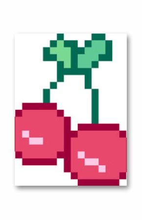 Two pixel art cherries are floating on transparent canvas, featuring green stems and leaves