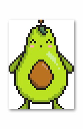 Anthropomorphic avocado half is floating on transparent background in pixel art style, showing seed
