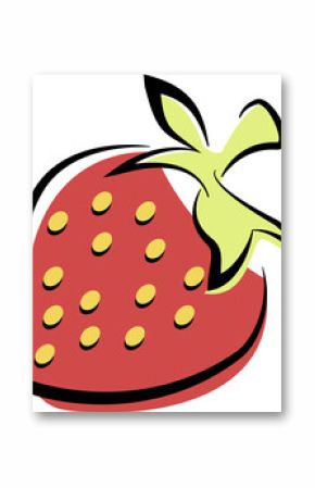 Flat strawberry is floating on transparent bg with yellow seeds black outline and green leaves