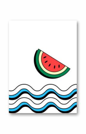 Flat design is showing watermelon slice with white grid and blue wavy stripes on clear background