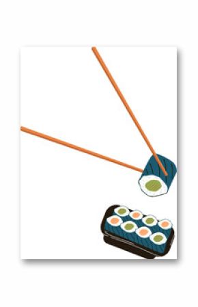Sushi roll is being lifted by wooden chopsticks over tray in flat design, transparent background