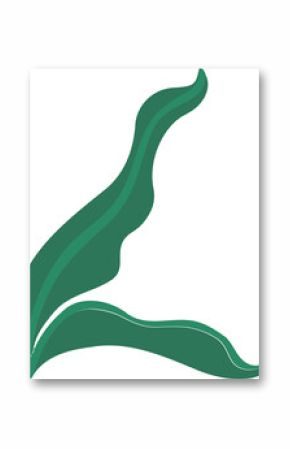 Abstract flat green leaf-like forms are floating on transparent background, showing flowing curves