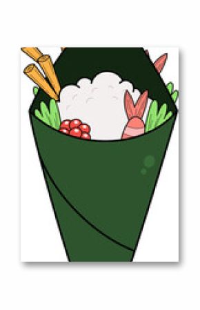 Hand roll sushi is showing rice, shrimp tails, roe, nori, yellow sticks in transparent vector art
