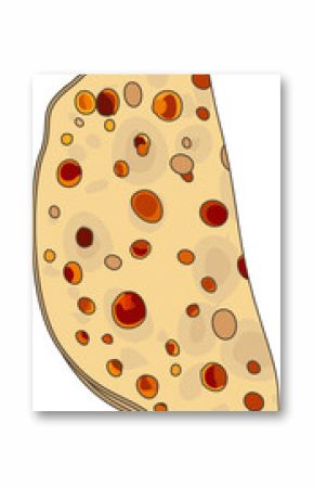 Stylized flatbread piece is rotating in flat design with brown orange dots, transparent background