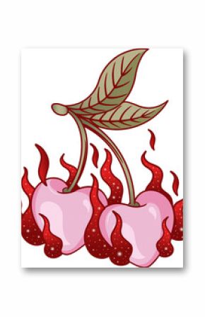 Flat design is showing heart-shaped cherries with stems, leaves, red flames, transparent background