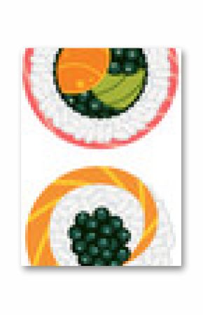 Flat design sushi set including nigiri and maki are being shown on transparent backdrop, copy space