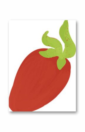 Stylized strawberry illustration is floating on transparent background, featuring green leaf crown