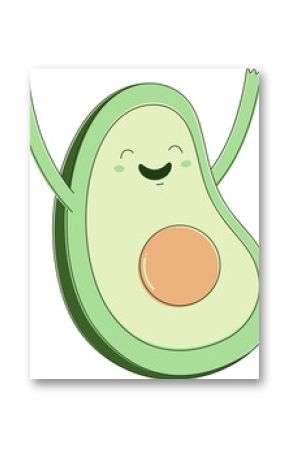 Personified avocado half is waving in flat design showing smile and pit, transparent background