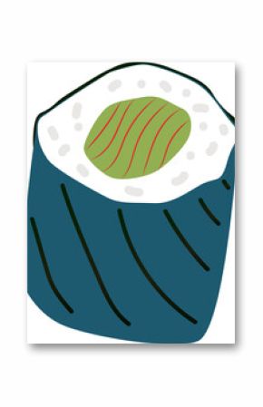 Flat design sushi roll is showing teal seaweed wrap, rice, green filling, transparent background