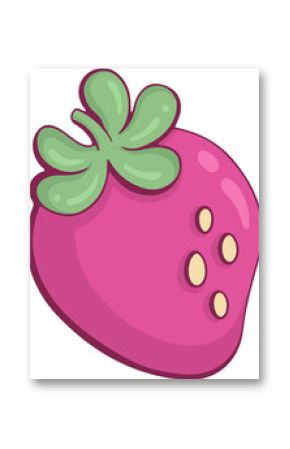 Cartoon strawberry is floating on transparent background showing pink body, green top, yellow seeds