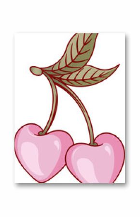 Heart-shaped cherries are hanging in flat design, stems, veined leaves on transparent background