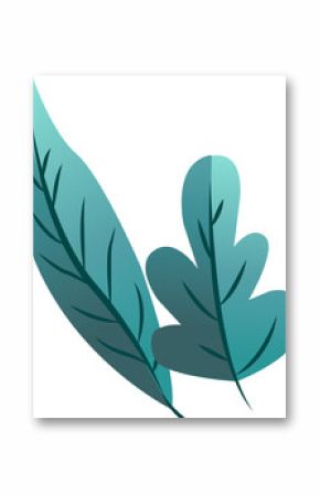 Flat design leaves are overlapping and showing teal gradient veining on transparent background