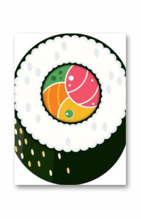 Vector sushi roll with rice grains, nori wrap and tricolor filling is floating on clear background