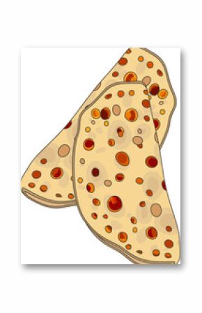Displaying two spotted flatbreads stacking in flat design with curling edges transparent background