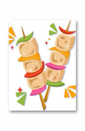 Two skewers are showing cubes, rainbow slices, sparkling bursts in cartoon, transparent background
