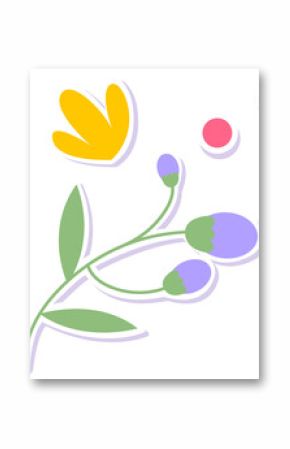 Stylized branch is showing leaves, buds, yellow petal pink-yellow circles on clear bg, copy space