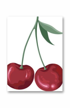 Pair of red cherries are shining on transparent background, with green stems, copy space
