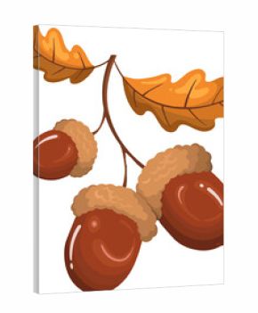 Cartoon-style three brown acorns are hanging from twig with orange leaves on transparent backdrop
