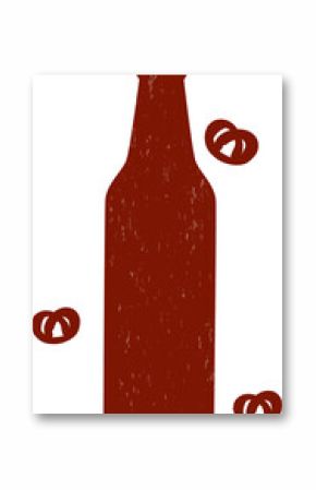 Flat design red bottle shape is floating on transparent background with pretzel icons, copy space