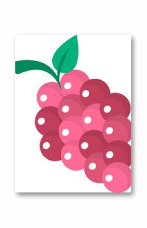Flat-design grape cluster is showing pink red berries with green leaves on transparent background