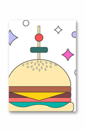 Flat design hamburger is floating on transparent background showcasing skewer and geometric decor