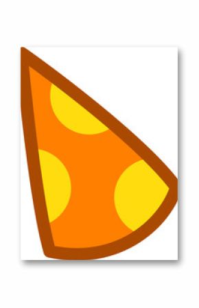 Cartoon pizza slice is showing brown crust, orange sauce, yellow toppings on transparent background