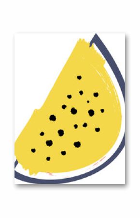 flat yellow watermelon slice is floating with rough strokes and black seeds on transparent backdrop