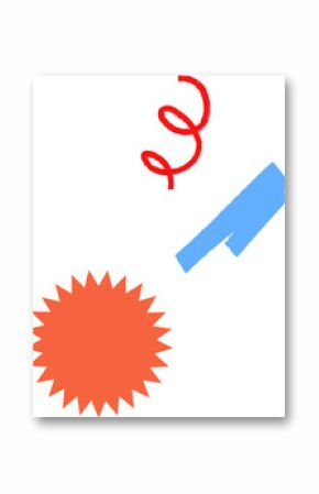 Abstract flat vector showing red ribbon, blue bar, orange-red starburst on transparent backdrop
