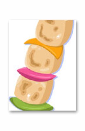 Flat design wooden skewer is holding stacked beige cubes and bold disks on transparent backdrop