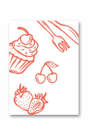 Coral line design showing cupcake with cherry and fruit clusters with utensils on clear background