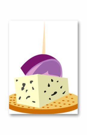 Flat design on clear backdrop showing cheese block and onion slice skewering cracker with toothpick