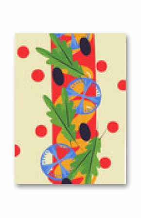 Flat submarine sandwich is floating on transparent dotted backing showing slices olives and greens