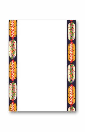 Repeating motif is showing alternating vector hot dogs forming border on transparent background